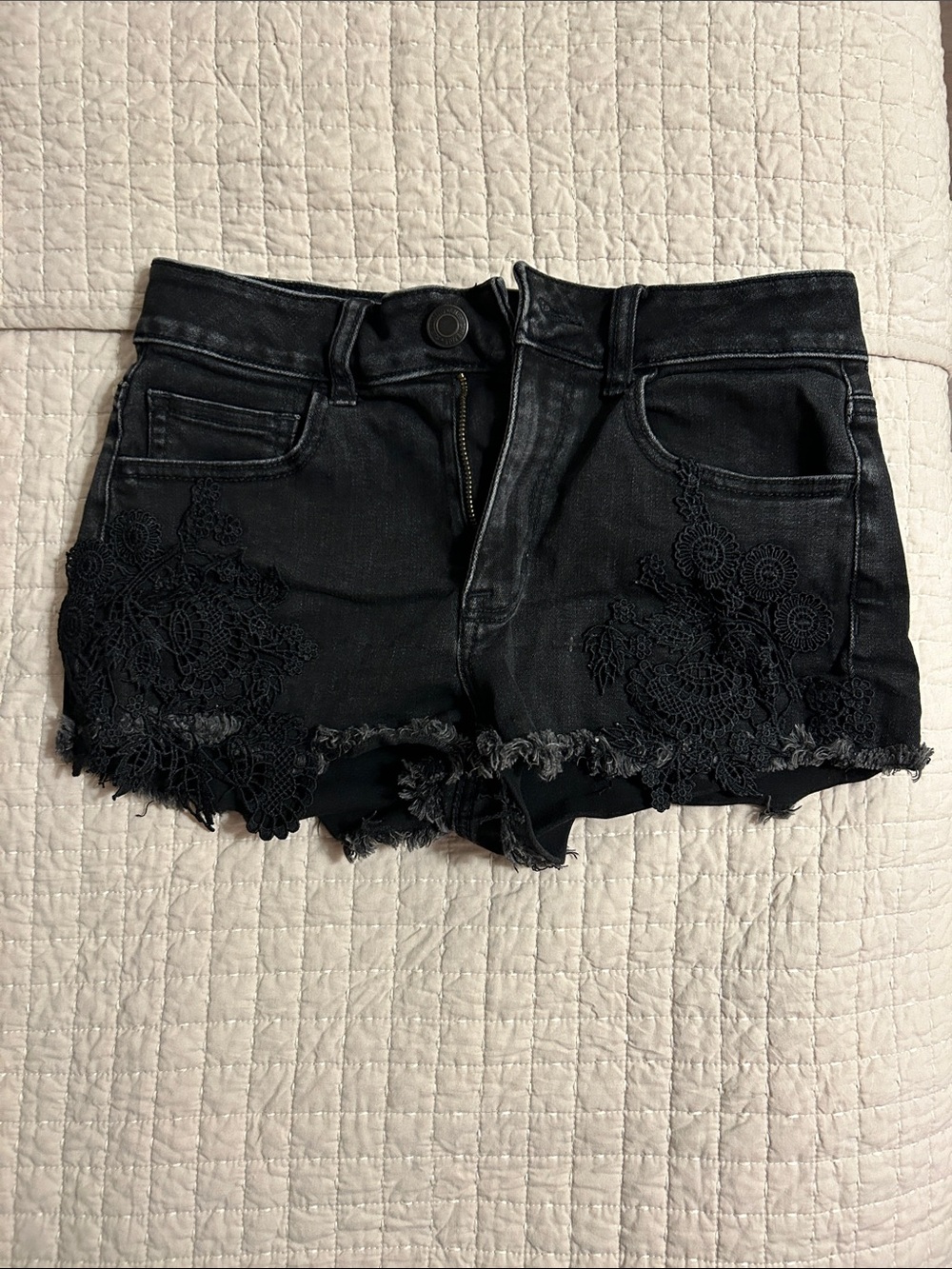Black Lace-Trim Denim Shorts - Women's High-Rise Cutoff